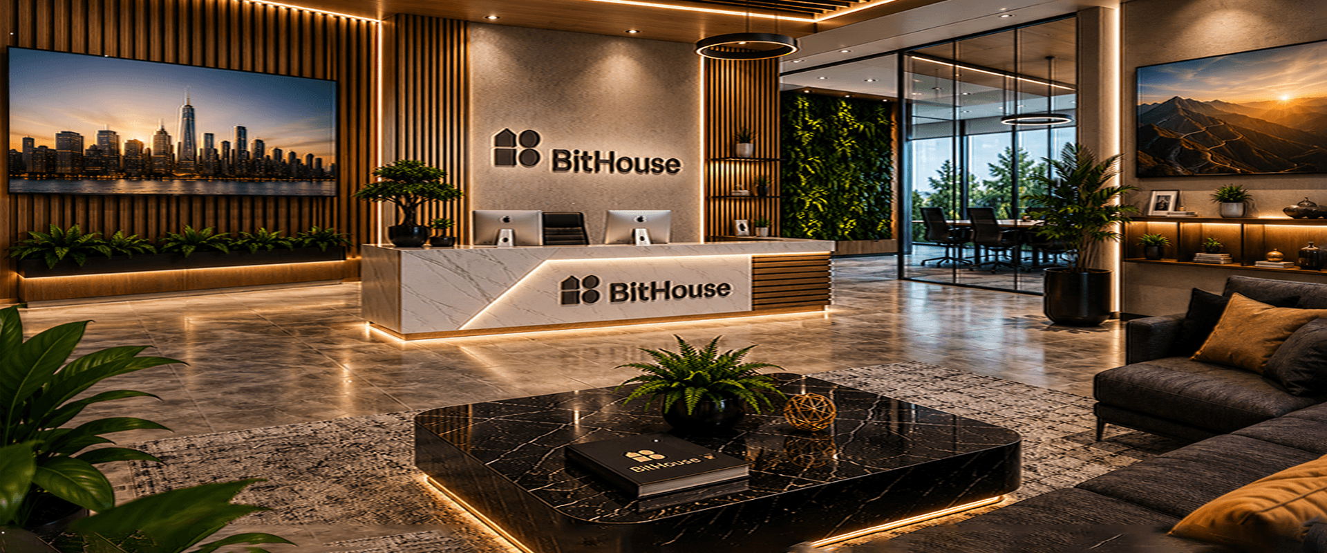 BitHouse office lobby with reception desk, lounge seating, and digital displays