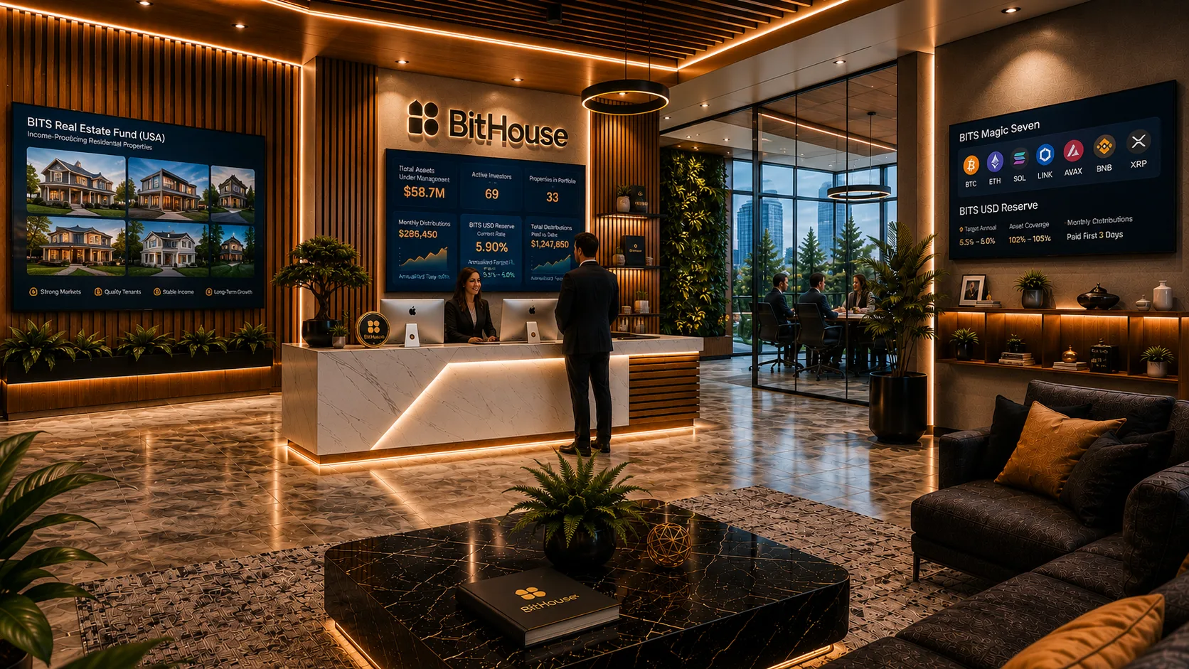 BitHouse office lobby with reception desk, lounge seating, and digital displays